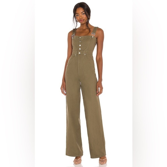 NWT WeWoreWhat Cotton Linen Bustier Jumpsuit in Olive Green Overalls Wide Leg - Picture 1 of 10